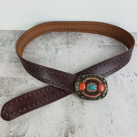 Vintage Lucky Brand Leather Belt Brown Studded Bohemian Beaded Buckle Western L main image 5